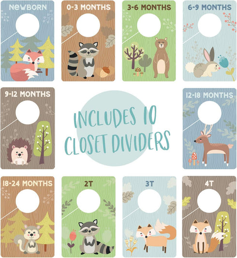 Canopy Street Woodland Closet Clothing Size Dividers / 4" x 6" Closet Organizers For Newborn Baby To 4T Clothes / 10 Forest Animal Baby Closet Siz...
