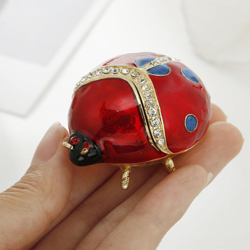 Hand Painted Enameled Ladybug Trinket Box, Hinged Unique Mini Ring Necklace Jewelry Organizer, Classical Bejeweled Storage, Figurine Collectible K...