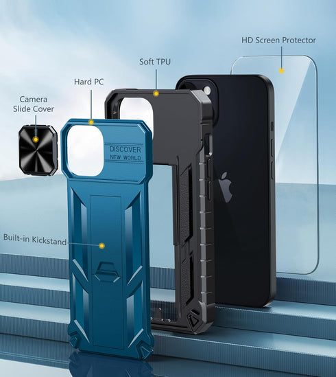 FNTCASE for iPhone 15 Protective Phone-Case: Military Grade Dropproof Cell Phone Cover with Kickstand & Slide | Heavy Duty Rugged Phonecase Bumper...