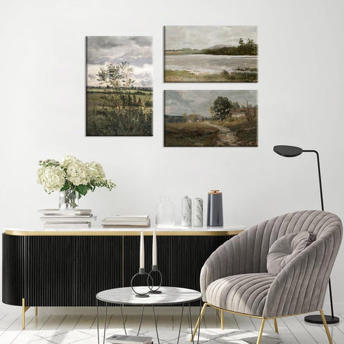 Field Landscape 3 Pieces Split Print Wall Art, Vintage Printed Country Landscape Painting, Oil Painting Mural Art, Nature Landscape Wall Art Print...
