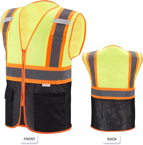 High Visibility Reflective Safety Vest with Zipper and Pockets (Yellow & Black),Medium...