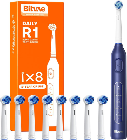 Bitvae R1 Rotating Electric Toothbrush with 8 Brush Heads for Adults and Kids, 60-Day Battery Life, 5 Modes Rechargeable Power Toothbrush with 2-M...