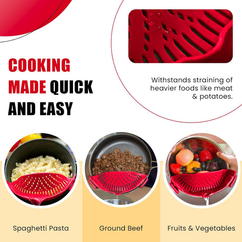 Clip On Kitchen Food Strainer for Spaghetti, Meat, Pasta, & Ground Beef Grease, Colander & Sieve Snaps or Clips Onto Bowls, Pots & Pans Includes S...