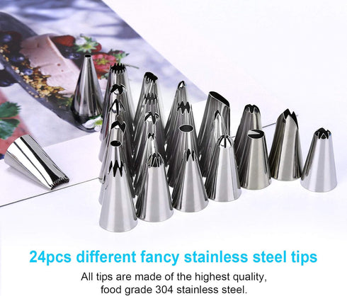 34Pcs Piping Bags and Tips Set, Bake Cake Decorating Kit with 24 Stainless Steel Tips, 2 Reusable Silicone Pastry Bags, 3 Icing Smoother, 2 Couple...