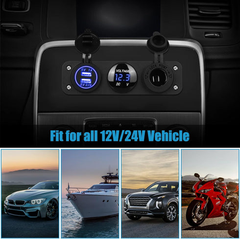 Linkstyle 3 in 1 Charger Socket Panel, 12V Dual USB Car Socket Charger Socket Power Outlet & LED Digital Voltmeter & Cigarette Lighter Socket Spli...