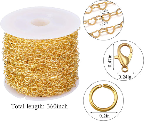 Forise 30 Feet Gold Plated 3mm Heart Chains for Jewelry Making DIY Heart Brass Link Unfinished Chains Set with 20Pcs Lobster Clasps 50Pcs Jump Rin...