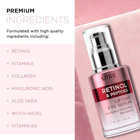 AZURE Retinol & Peptides Lifting Eye Serum - Anti Aging, De-Puffing & Revitalizing - Reduces Wrinkles, Fine Lines & Dark Under Eye Bags - Calms & ...