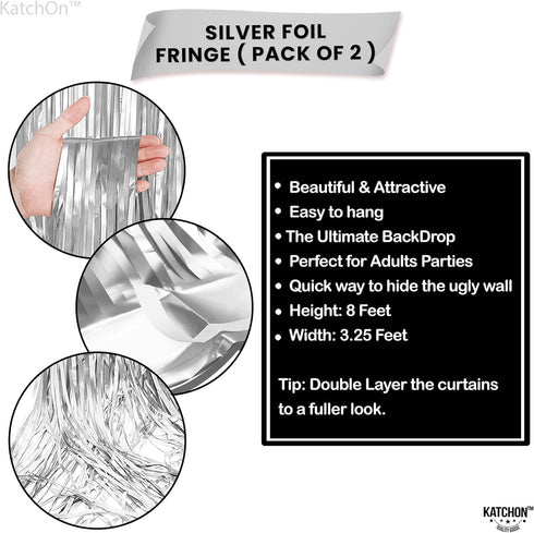 KatchOn, XtraLarge Silver Backdrop Curtain - 3.2x8 Feet, Pack of 2 | Silver Streamers Backdrop for Disco Party Decorations | Fringe Curtains for E...