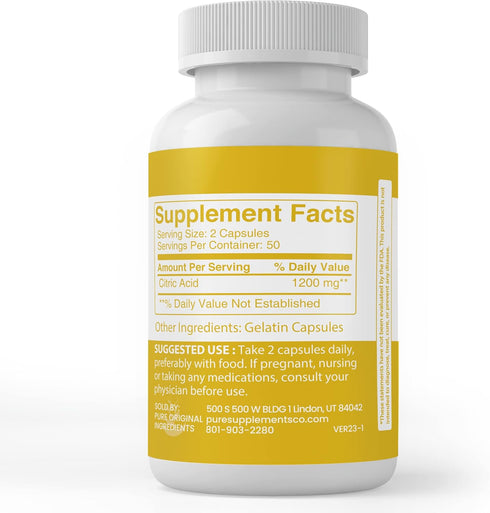 PURE ORIGINAL INGREDIENTS Citric Acid, (100 Capsules) Always Pure, No Additives Or Fillers, Lab Verified...