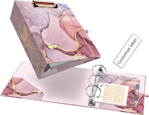 Ospelelf Mini 3 Ring Binder 2 Inch, Cute Binder for 5.5" x 8.5" with 5 Tab Dividers, File Folder Labels and Low Profile Clipboards, Pink Marble Bi...