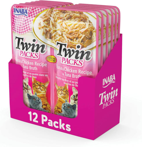 INABA Twin Packs for Cats, Shredded Chicken & Broth Gelée Side Dish/Topper Pouch, 1.4 Ounces per Serving, 12 Pouches, Tuna & Chicken Recipe in Tun...