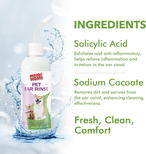 MEIQIHOME Ear Cleaner for Dogs and Cats-Soothes Ear Inflammation, Removes Wax and Odor, Includes 50 Cotton Swabs, 4 Fl oz, Cleaner for Dogs...