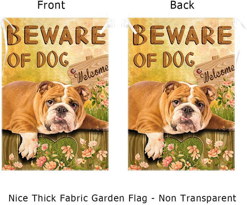 Lazy English Bulldog Garden Flag - Beware of Dog House Flags Double-sided Welcome Home Flag Dogs Yard flags Small Yard Patio Lawn Decor 12 x 18 In...