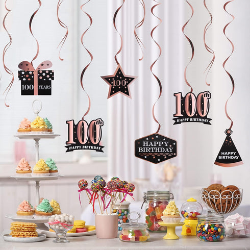 LINGTEER Happy 100th Birthday Decorations - 12 Pcs Birthday Black & Rose Gold Foil Swirls Streamer Set,Cheers to 100 Years Old Bday Party Gift Dec...