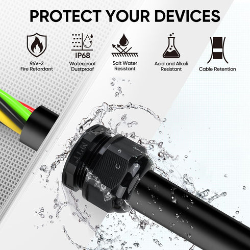 TICONN 20 Pcs IP68 Waterproof Cable Gland Kit Nylon NPT Adjustable Cable Connectors Assortment 1/4” 3/8” 1/2” 3/4” 1“ for Waterproof Junction Box ...