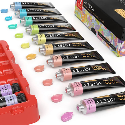 ARTEZA Gouache Paint, Set of 12, Pastel Tones, 0.4 US fl oz Gouache Paint Tubes, Opaque Gouache Set for Canvas and Paper...