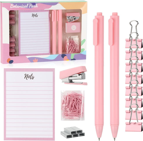 EooUooIP Desk Accessories Binding Set,Practical and Beautiful Pink Office Supplies Set,Stapler Hole Puncher Paper Clips and Ballpoint Pen for Offi...