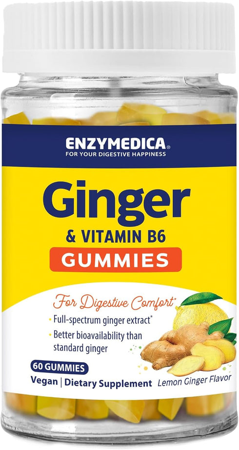 Enzymedica, Ginger & Vitamin B6 Gummies, Support for Occasional Nausea & Indigestion, High Potency, Equivalent to 200 mg Ginger Extract, 60 Count...