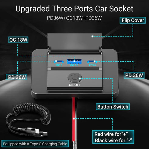 Qidoe 12V USB Outlet with Power Switch, Dual 36W PD3.0 Type C & QC3.0 18W USB Panel Mount 12V Outlet with USB C Cable, Waterproof Car USB Socket C...