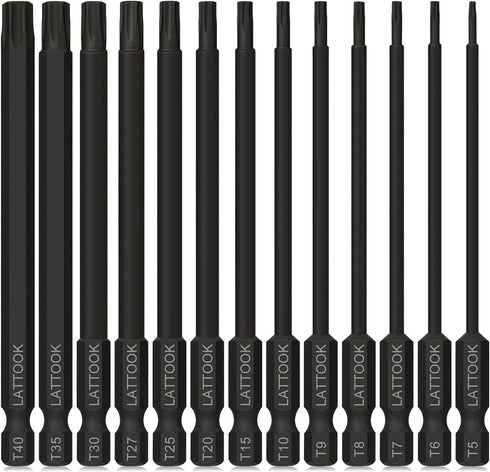 Torx Bit Set, LATTOOK 13-Piece Security Tamper Proof Torx Star Bits Set, Magnetic S2 Steel, 4'' Long, T5 - T40...