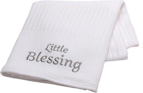 Cotton Knit Baby Blanket with Embroidery, Little Blessings, 30 in. x 40 in., White, Unisex...