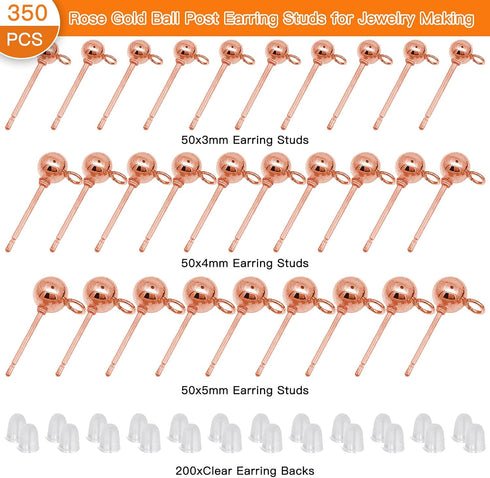 150Pcs Ball Post Earring Studs for Jewelry Making,3 Size Earrings Studs Ball Post Earrings with Loop with 200Pcs Clear Earring Backs Replacements ...