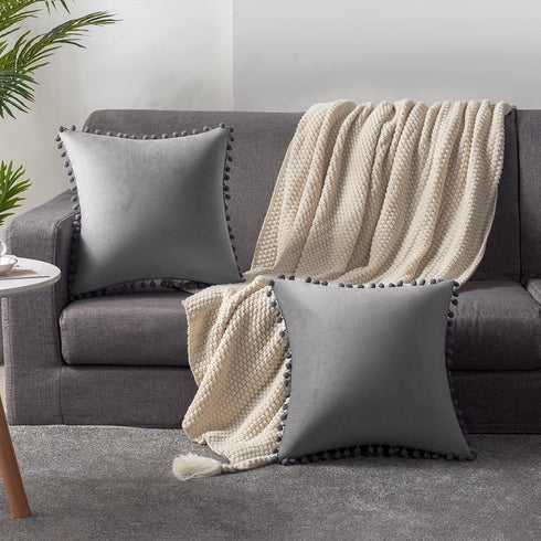 DEZENE Decorative Pillow Cases 22x22 Light-Grey: 2 Pack Cozy Soft Pom-poms Velvet Square Throw Pillow Covers for Farmhouse Home Decor...