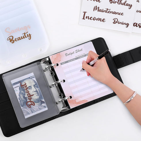 A8 Budget Binder, Money Saving Binder with 8Pcs Cash Envelopes for Budgeting, Money Organizer for Cash with 12Pcs budgeting Sheets and 2Pcs Golden...