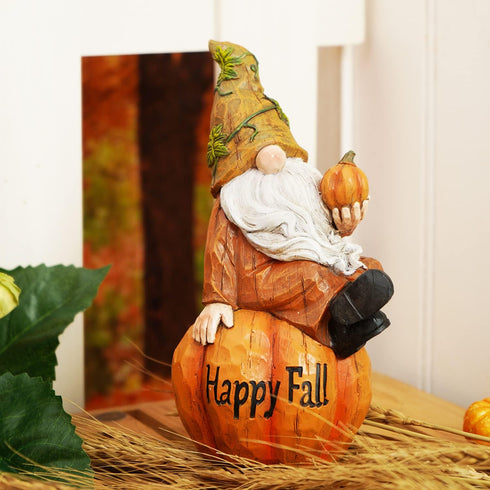Topadorn Fall Garden Gnome Figurine Sitting on Pumpkin Statue Autumn Harvest Garden Gnomes Statue Figurine for Patio Yard Lawn Porch Decoration?Ha...