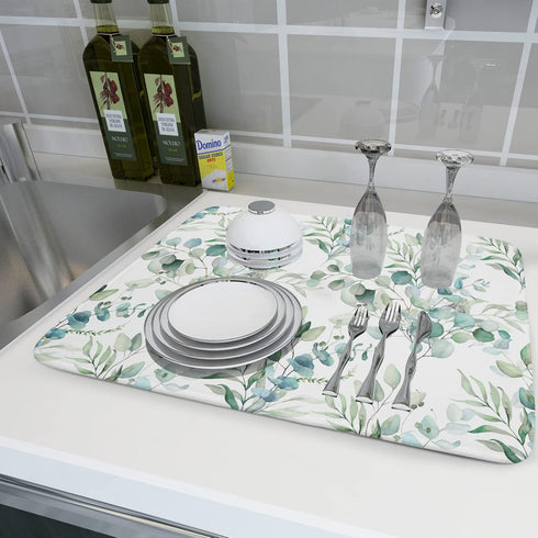 Watercolor Sage Leaves Dish Drying Mats for Kitchen Counter 16x18 Inch,Spring Leaves Kitchen Drying Mat,Sage Herbs Dishes Pad Dish Drainer Rack Ma...