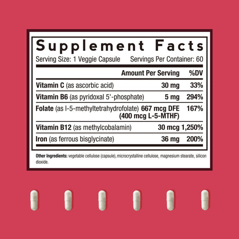 Doctor's Recipes Iron Supplement, with Vitamin C, B6, Folate & B12, Non-Constipating, Stomach Friendly, Gentle Iron Pills for Iron Deficiency, Blo...