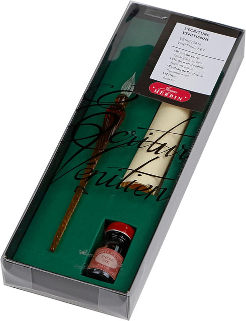 Herbin 28300T - Ecriture vénitienne/Venetian writing'' set comprising a twisted glass quill, sheet of parchment, bottle of sepia ink and instructi...
