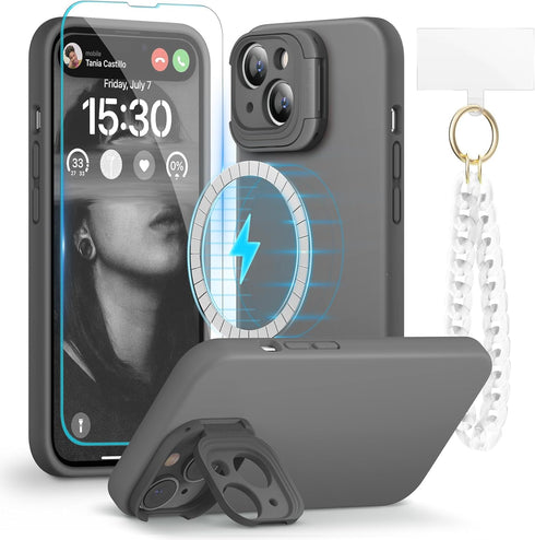 pcgaga Designed for iPhone 15 Case and Screen Protector, Silicone Phone Cover with MagSafe, Invisible Stand, Shockproof Full Body Protection with ...