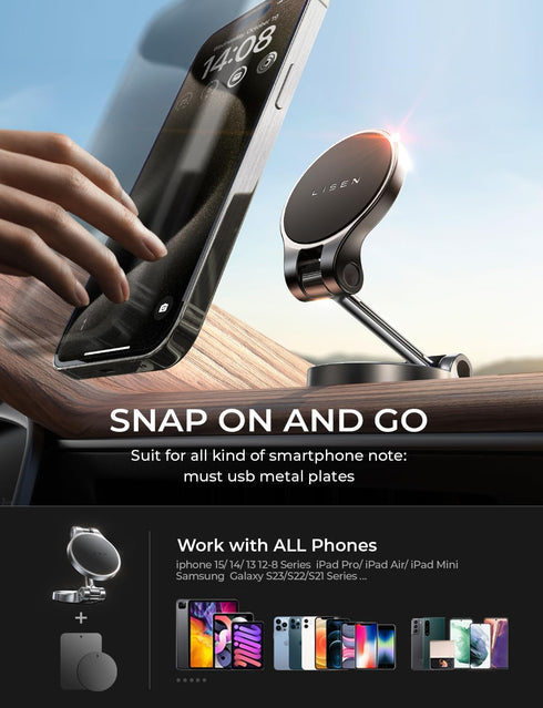 LISEN Magnetic Phone Mount, Folding Car Magnetic Phone Holder for Car 360° Rotatable Dash Cell Phone Holder Car Easily Install Hands Free Car Phon...