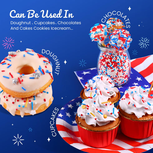 Patriotic Sprinkles for Cake Decorating, Red White and Blue Sprinkles, Food Grade 4th of July Gold Sprinkles Star Sprinkles for Cupcake Cake Ice C...