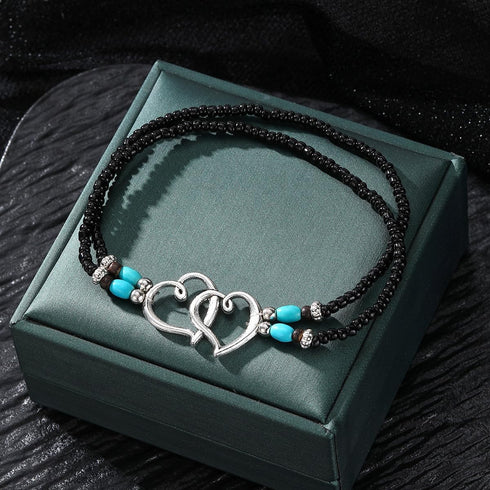 2PCS Beaded Anklets for Women with Silver Double Heart Stretch Elastic Ankle Bracelets for Women Summer Boho Jewelry...