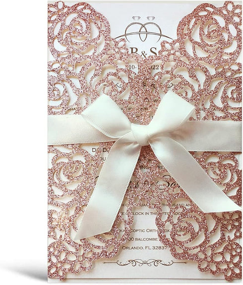 20PCS 5.12 x 7.28'' Laser Cut Wedding Invitations Cards with Envelopes Hollow Rose Pocket with Bowknot Invitation for Bridal Shower Wedding Invite...