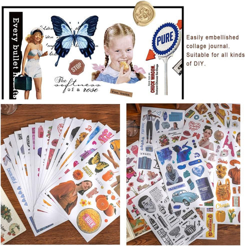 Vintage Washi Aesthetic Scrapbooking Book Stickers - 20 Sheets Journaling Supplies Kit Pack for Scrapbook Bullet Journaling Diary Planner Craft Al...