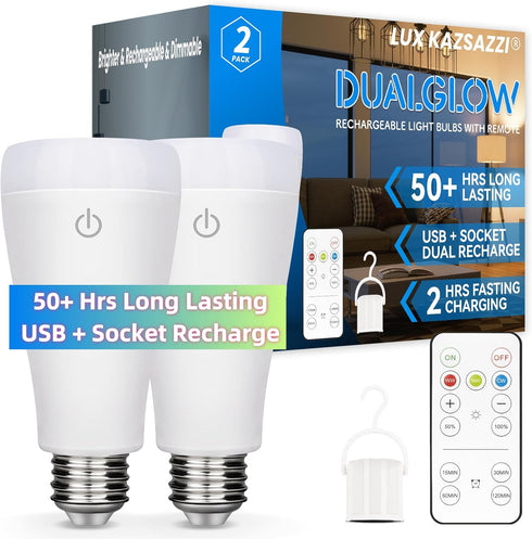 DualGlow Rechargeable Light Bulbs with Remote, Lamp Socket + USB Rechargeable Battery Light Bulb,Up to 50 Hours, 3 Color Temperatures and Dimmable...