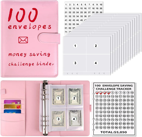 100 Envelopes Money Savings Challenge Book, Budgeting Binder and Cash Saving Kit with Pouches, Family Emergency Binder (Pink)...