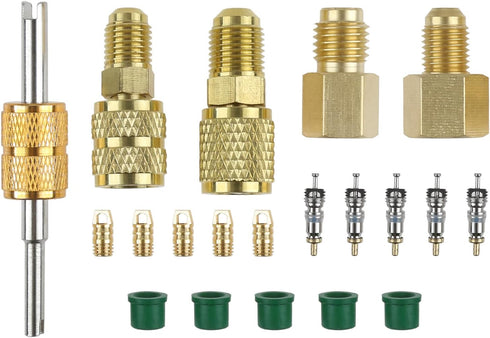 R410A R134A Adapters Mini Split Adapter Fitting Kit 5/16" SAE 1/4" SAE Flare, 1/2 Acme 1/4" SAE Female to Male Brass Fitting Kit with Valve Core R...
