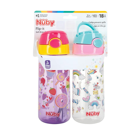 Nuby 2-Pack Kid’s Printed Flip-it Active Water Bottle with Push Button Cap and Soft Straw - 18oz / 540ml, 18+ Months, 2-pack, Prints May Vary...