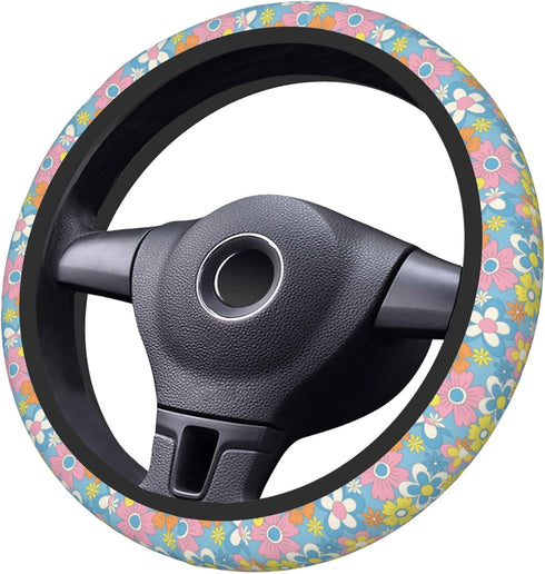 Cute Retro Groovy Flower Boho Hippie Steering Wheel Cover for Women Girls Car Decorations Auto Steering Wheel Cover Universal 15 Inch Fit...