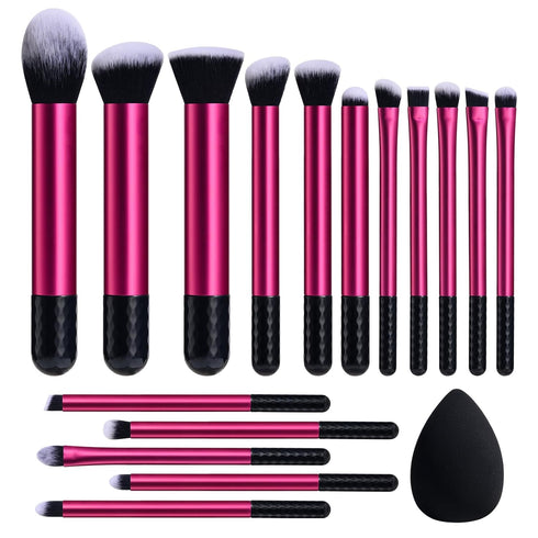 BS-MALL Makeup Brushes 16 Pcs Purple Short Handle Travel Makeup Brus Set with 1 Triangle Puff (HotPink)...