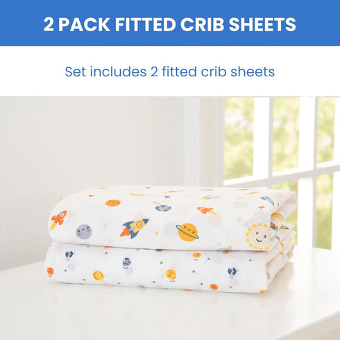 Delta Children Fitted Crib Sheets for Girls and Boys - Crib Sheet for Standard Crib and Toddler Mattresses - 28x52 Inch (Pack of 2), Space Explora...