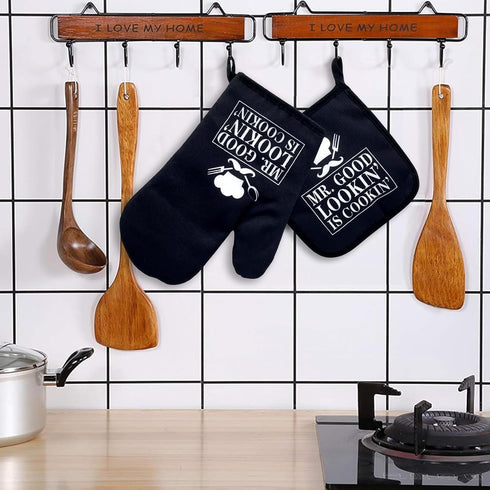 Mr.Good Looking is Cooking,Funny Oven Mitts and Pot Holders Sets of 2,Silicone Non-Slip Oven Mitts,Kitchen Gift for Men,Cooking Baking BBQ Gifts,H...