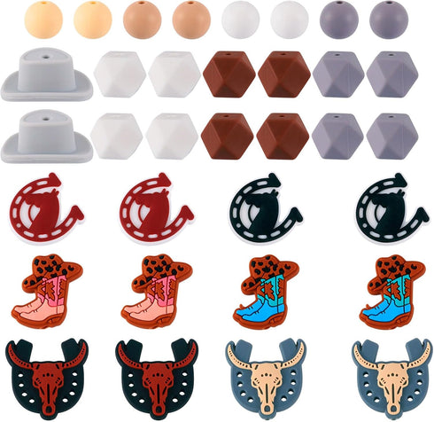 66Pcs Western Cowboy Focal Beads Silicone Keychain Making Kit Cow Horse Animal Beads Cowboy Hat Boots Round Hexagon Spacer Beads for Crafts DIY Pe...