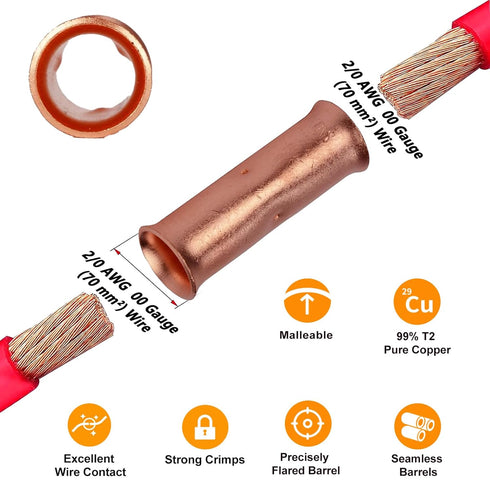00 Gauge Butt Splice Connectors 10 PCS 2/0 AWG Non-Insulated Butt Connectors,Bare Pure Copper Butt Splice Wire Connector,Heavy Duty Uninsulated Cr...