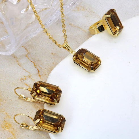 HSQYJ Fashion Color Crystal Jewelry Set Geometry Rectangle Pendant Rhinestone Necklace Rings and Drop Earrings for Women Ladies Gifts Gold Plated...