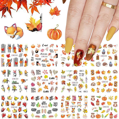 Fall Nail Art Sticker Water Decals Transfer Nail Supplies with 3D Gold Maple Leaf Squirrel Fox Falling Leaf Designs for Women Thanksgiving Day Dec...